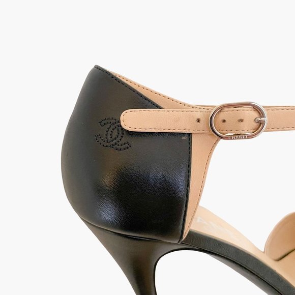 Chanel Two Tone CC Sandals EU 39.5 US 8.5-9 Beige Black Peep Toe High Heels - Picture 13 of 13